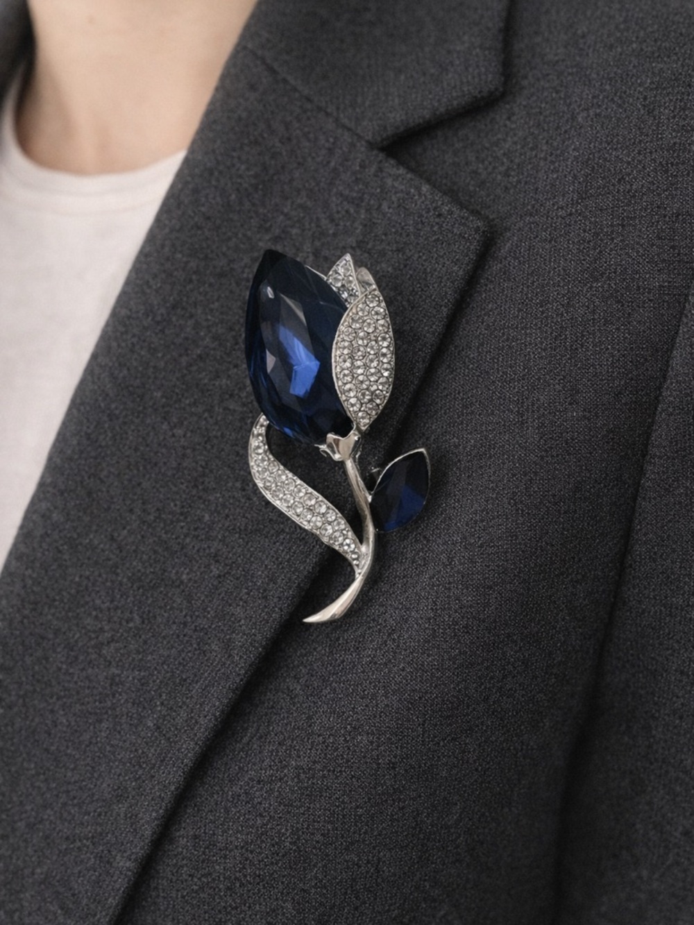 Vintage-Inspired Navy Crystal Floral Brooch